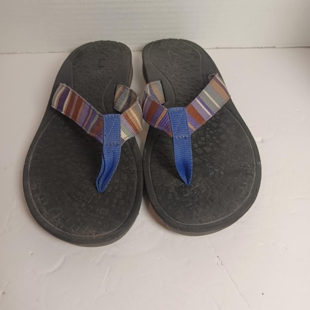 Clarks Men's Thong Flip Flops Sandals Comfort Thick‎ Sole Striped Strap SZ 10